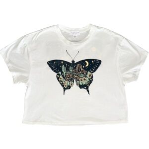 Butterfly White Crop Top Large Women’s Festival Coachella Cotton Blend Stretch